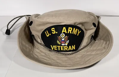 US Army Vet Khaki Tan Safari Outback Fishing Bucket Hat Chin Strap REI Size L • $24.95