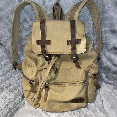 AUKMONT Khaki Cotton Canvas Leather Trimmed Backpack Rucksack • $40