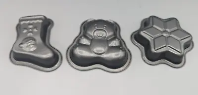 3 Non-stick Mini Cake Pans Teddy Bear X-mas Stocking & Star Molds Baking /Jell-O • $6.50