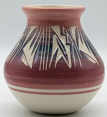 Southwest Art Pottery Vase Pink Purple Ombre Hand Formed Carved Rockwell USA  • $12