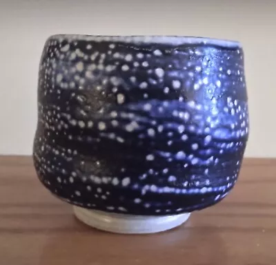 Japanese Matcha Tea Bowl Handmade Imperfect Shape Signed Blue White Speckled • $29.95