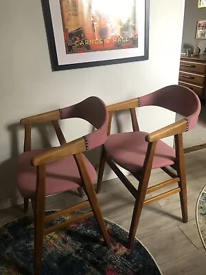 Pair Of Danish Oak And Pink Wool Dining Chairs • £130