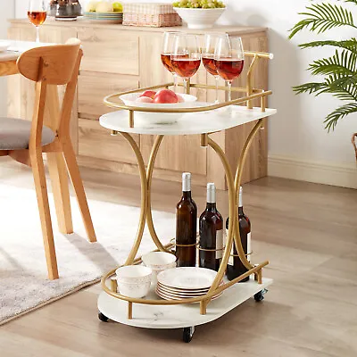 2-Tier Serving Bar Cart Glass Metal Kitchen Wine Storage Trolley Wheels Coaster • $71.99