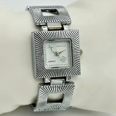 Ladies MONTRES CARLO Silver Tone Square Dial Textured Bracelet Watch 24mm Runs • $10.79