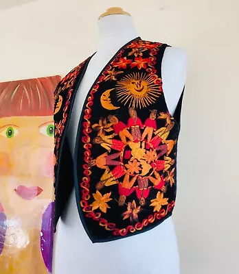 FIBER ART Handwoven Velvet ART Guatemala PEOPLE WORLD SUN LIFE Vest XS S M • $99