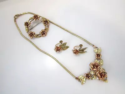 Vintage Krementz Rose Gold Filled Roses Necklace Brooch & Earring Set Pre-owned • $50