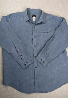 Patagonia Mens Button Up Shirt Large 100% Hemp Long Sleeve Blue Patterned *FLAW* • $24