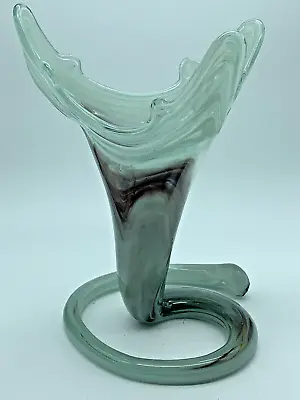 Vtg Hand Blown Purple Green Swirl Murano Style Lily Trumpet Glass Vase Coil Base • $40