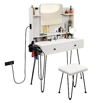 White Makeup Vanity Table Set Dressing Table With Mirror & Power Station & Stool • $140.99