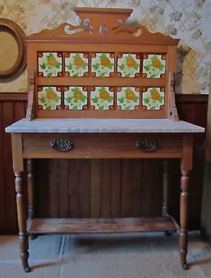 Antique 1800s Marble Top Maple Washstand W/3-D Majolica Tiled Back - Price Drop! • $556