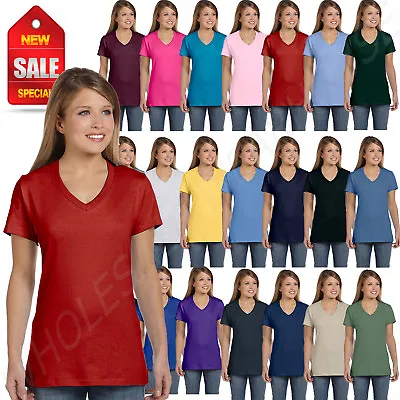 Hanes Womens T-Shirt 100% Cotton 4.5 Oz Short Sleeve V-Neck Nano Tee S04V • $4.77