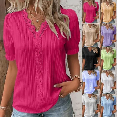 Womens V Neck Summer Ladies T-Shirt Blouse Short Sleeve Tops Pullover Plus Size • £2.39