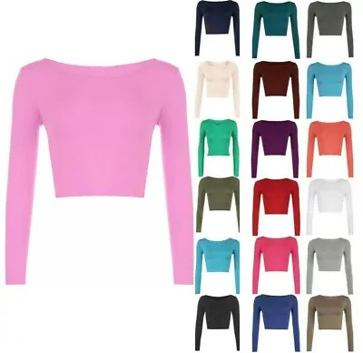 Ladies Round Neck Long Sleeve Crop Top T Shirt Tops Womens Top 8-14 • £4.94