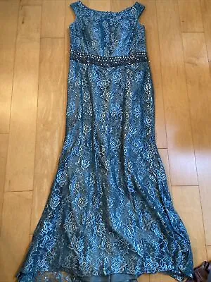 BLUE BEAUTY Montage By Mon Cheri Blue Gown Maxi Lace Sleeveless Dress Size 16 • $150