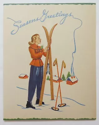 Vtg Christmas Card-LOVELY LADY SKIER IN THE MOUNTAINS • $5.99