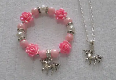 £4.25 • Buy Unicorn Sparkling Flower Charm Bracelet & Necklace  + Gift Bag  Birthday Present
