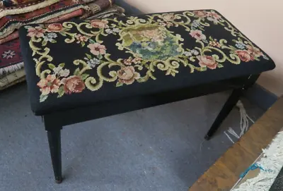 $260 • Buy Vintage Black Wood Piano Bench Stool Handmade Needlepoint Petit Point