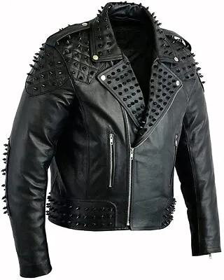 Men's Classic Black Cowhide Leather Motorbike Jacket Metal Spikes Biker Jacket • $160.54