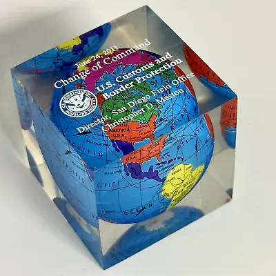 Earth Globe Lucite Cube Paperweight Multicolor U.S. Customs & Border Protection • $29.99