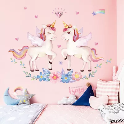 Unicorn Wall Stickers Cartoon For Kids Room Decor Posters Animals Wallpaper AU • $12.44
