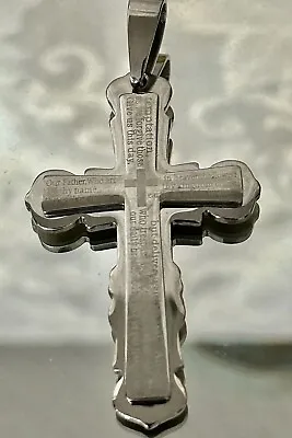 Vintage Our Father Lords Prayer Cross Christian Crucifix Pendant 3” Stainless • $18