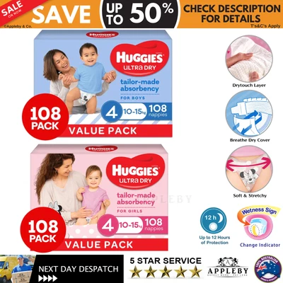 $76.81 • Buy Huggies Ultra Dry Nappies Boys Girls Size 4 10-15kg Baby Nappy Diapers 108 Pack