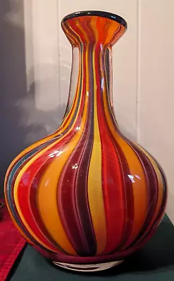 Murano Style Multi-color 10   Vase Heavy Studio Art Glass Striped Ribbons  • $37.99