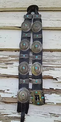 Vintage Native American Navajo Turquoise Repousse Concho Belt • $4890