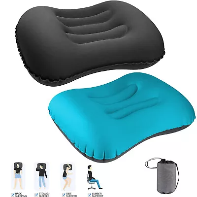 Inflatable Camping Pillow Large Travel Cushion Back Neck Support Blow Up Pillows • £10.89