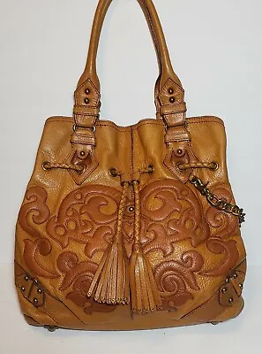 Vintage Lockheart Saddel Brown Moroccan 3d Embossed Applique Handbag Tote $895 • $329