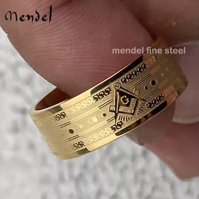 MENDEL Mens 10k Gold Plated Freemason Masonic Band Ring Stainless Steel Siz 7-15 • £11.39