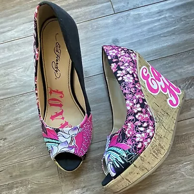 Ed Hardy Cork Wedge Peep Toe Heels Koi Fish Size 7 • $39