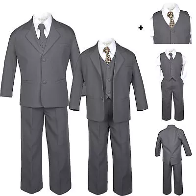 $52.95 • Buy 6pc Baby Toddler Boy Dark Gray Formal Wedding Party Tuxedo Suit Dot Necktie S-20