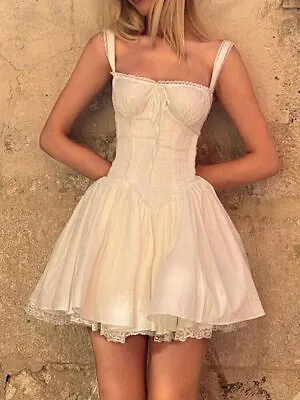 Stitched A-line Dress Vintage Square Collar Sleeveless Summer Party Dresses • $39.29