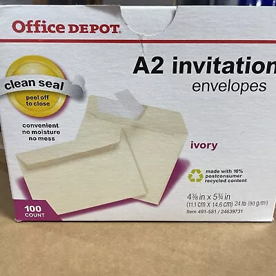 Office Depot A2 Ivory Invitation Envelopes Clean Seal Easy Seal 100 Count S8 • $11.99