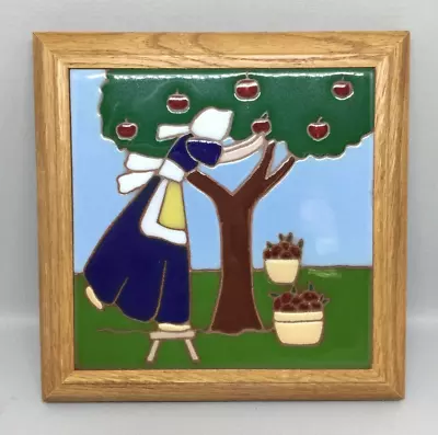 Vintage Hand Painted Art Tile Girl Picking Apples Blue Sky Ceramic Siegel Arts • $12.50