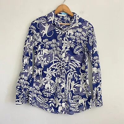 J McLaughlin Jungle Print Top Women Size XS Blue White Monkey Long Sleeve • $23.95