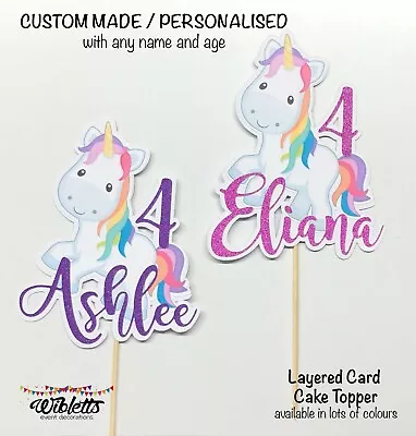 Cute Unicorn Rainbow Theme Party Custom Personalised Any Name & Age Cake Topper • $15.20