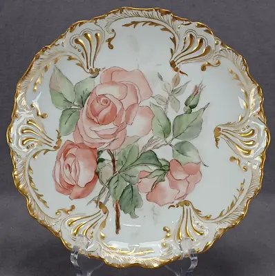 T&V Limoges Signed JHC Hand Painted Large Pink Roses & Gold 9 Inch Plate • $150