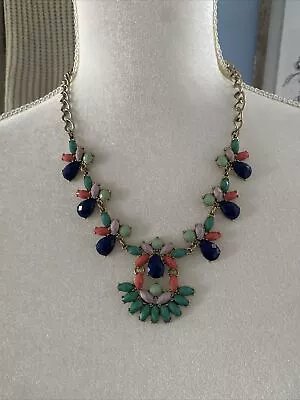 J. Crew Necklace Statement Navy Blue Coral Teal Green Silver Chain Bib 19-21  • $12