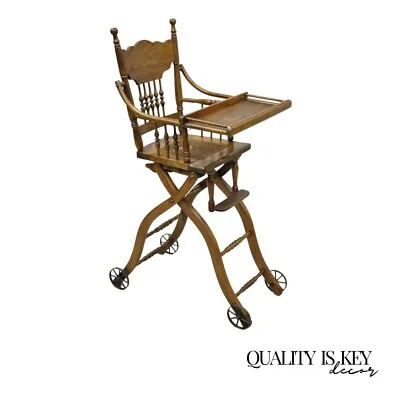 Antique Oak Convertible Pressed Back Victorian High Chair Baby Stroller • $695