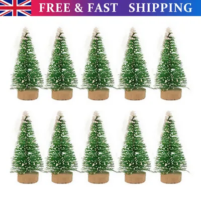 10x Miniature Christmas Tree With Wooden Base Green Bottle Brush Trees With Snow • £10.89