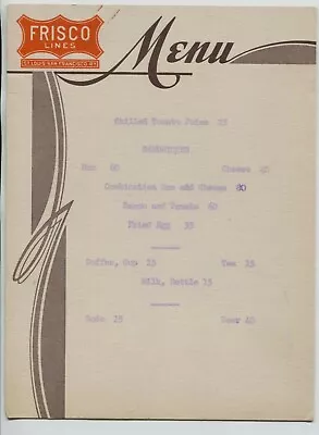 $32.99 • Buy Vintage Art Deco Frisco Railroad St. Louis & San Francisco Dining Car Menu 