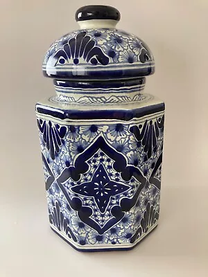 Talavera Pottery Mexico Blue And White Kitchen Canister Jar 12.5  MINT • $34.95