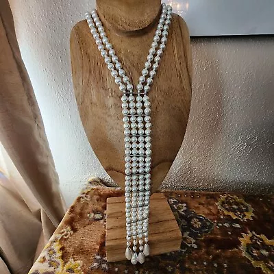 Vintage Faux Pearl Long Tie Lariat Style  Necklace W/ Hook Clasp Flapper Girl • $35
