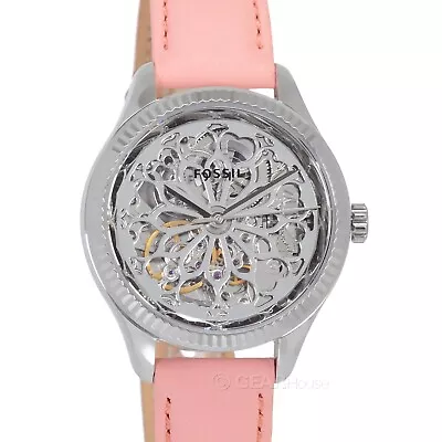 FOSSIL Rye Womens Automatic Watch Silver Skeleton Dial Soft Pink Leather Band • $66.61