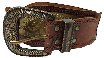 Vintage Leather & Brass Wide Belt Unbranded 34  Long Moroccan Boho Hippie Gypsy • $28