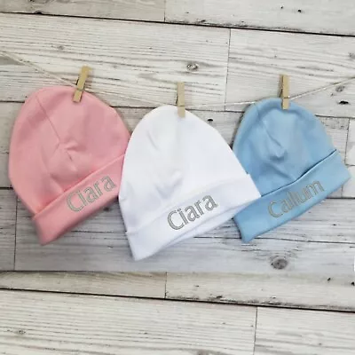 Personalised Baby Girl Boy Newborn Hat Beanie Cotton Pink Blue White 0-3 Months • £6.99