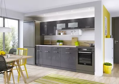 £744.95 • Buy Grey Gloss Kitchen 6 Unit Legs Soft Close Cabinets High Acrylic Finish 2.4m Luxe