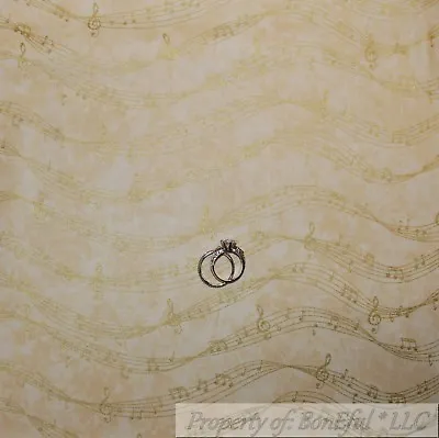 BonEful Fabric FQ Cotton Quilt VTG White Gold Metallic Music Note Holiday Xmas S • $4.72